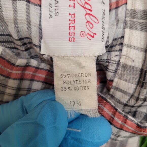 Vintage 70s Wrangler Plaid Western Pearl Snap Shirt XL 17.5  USA Dacron - Picture 10 of 11